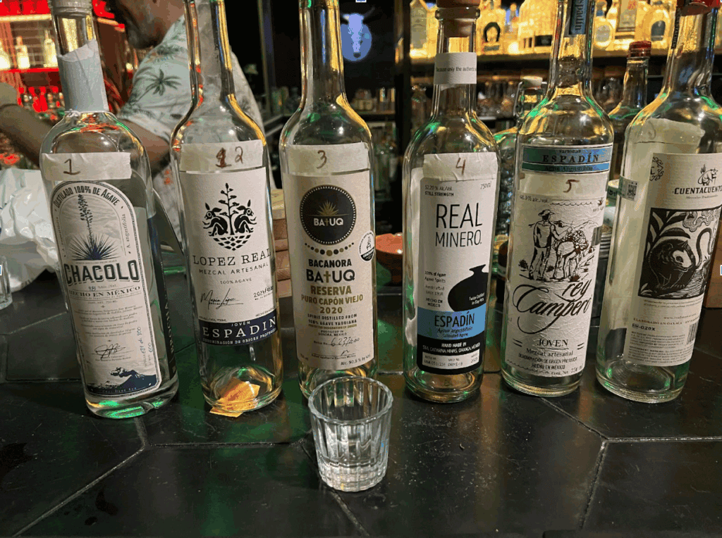Bottles of agave spirits for a blind mezcal tasting