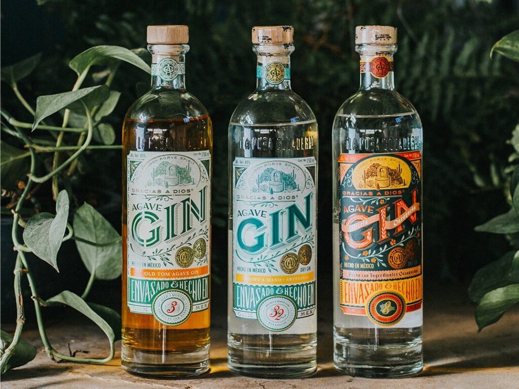 Three bottles of Gracias a Dios, an agave gin from Mexico