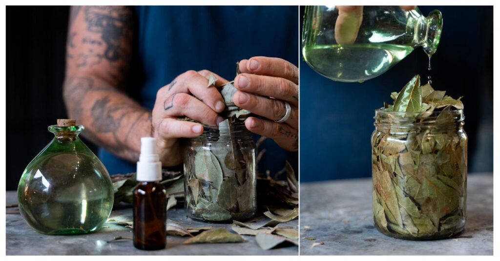 A bartender makes avocado leaf bitters spray