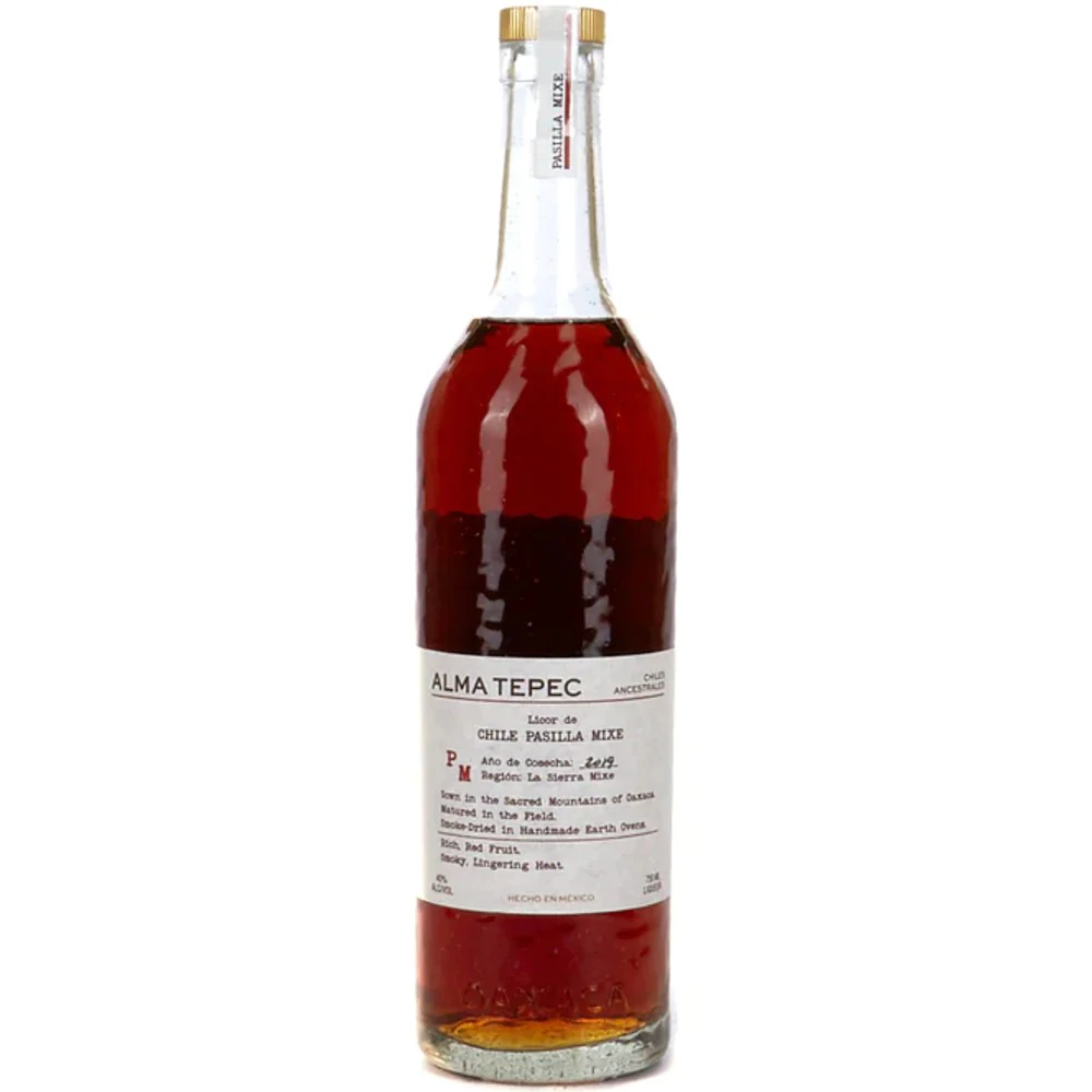 A bottle of Alma Tepec, a Mexican chile liqueur